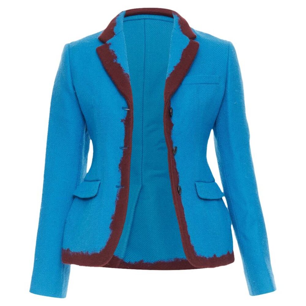 PRADA 2007 Runway turquoise wool raw edge burgundy felt trim blazer IT38 XS
